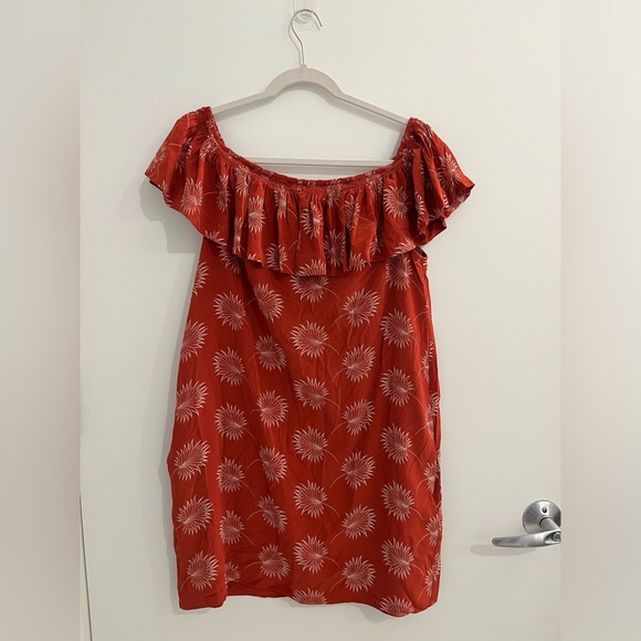 Madewell 100% Silk Red Palmflower Pattern Off The Shoulder Dress, Size L - Picture 2 of 6